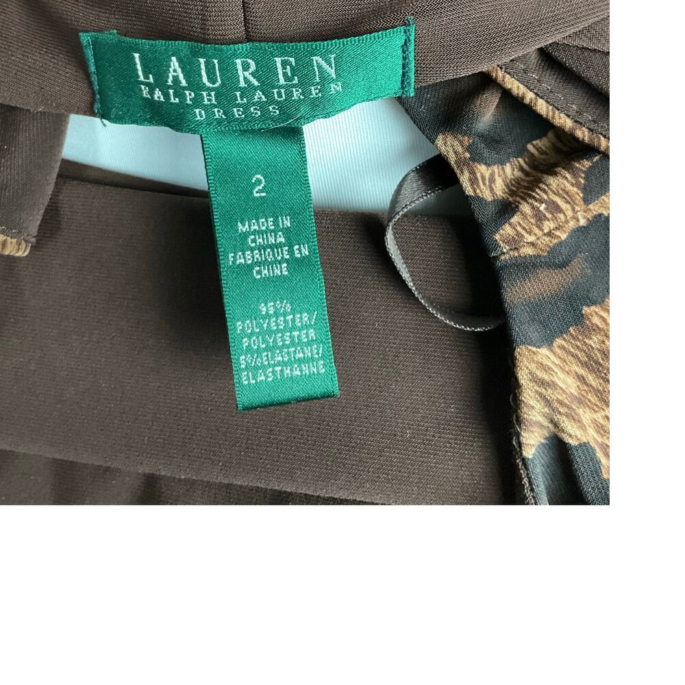 LAUREN RALPH LAUREN Dress Stretch Jersey Animal Print Ruched Surplice Brown sz 2 - Picture 11 of 13